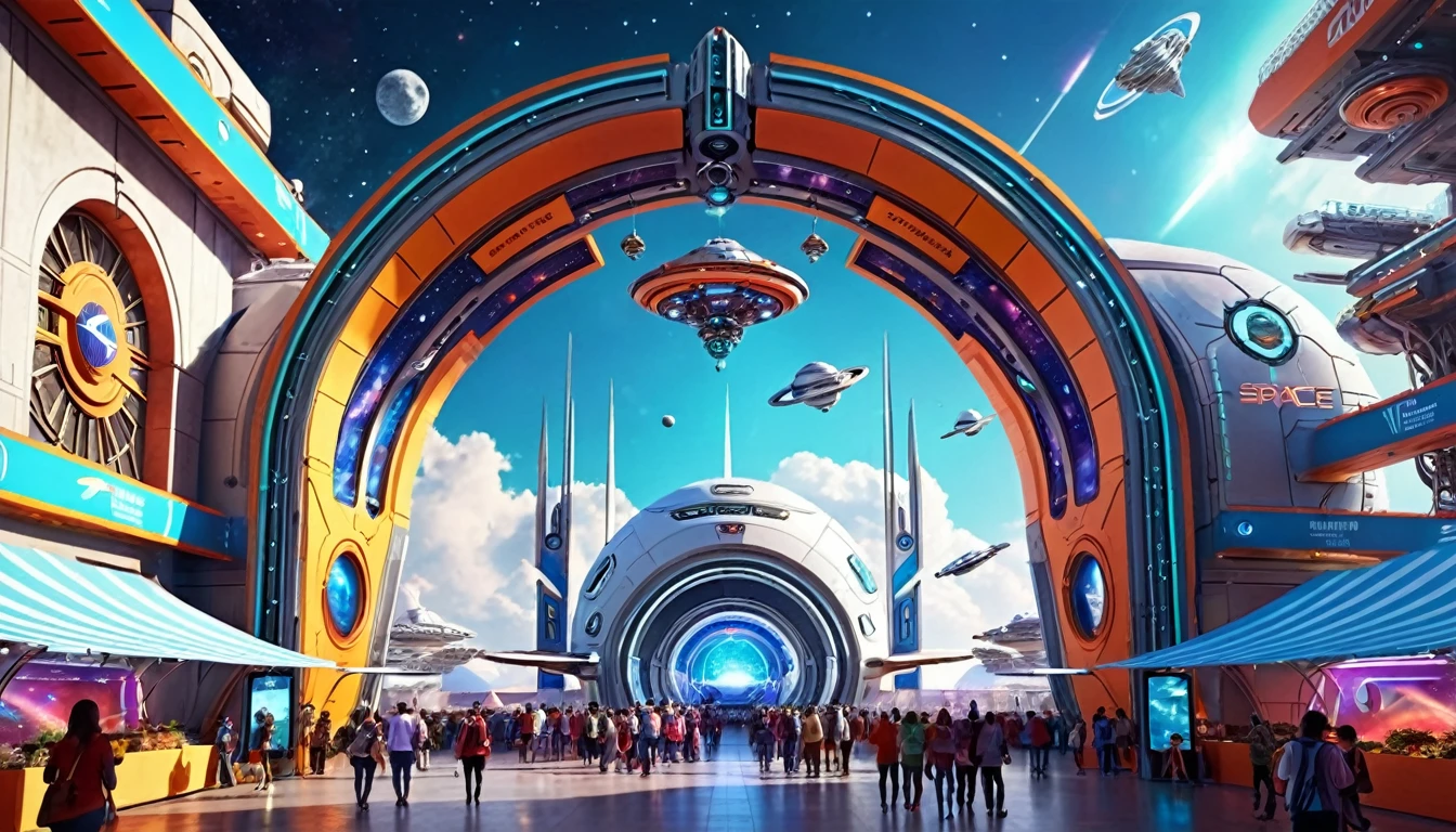 , Technology elements，Space station elements，4K,A cool archway，Decorated with spaceship pendants， Arch entrance，Art and Food Festival，Gorgeous digital colors