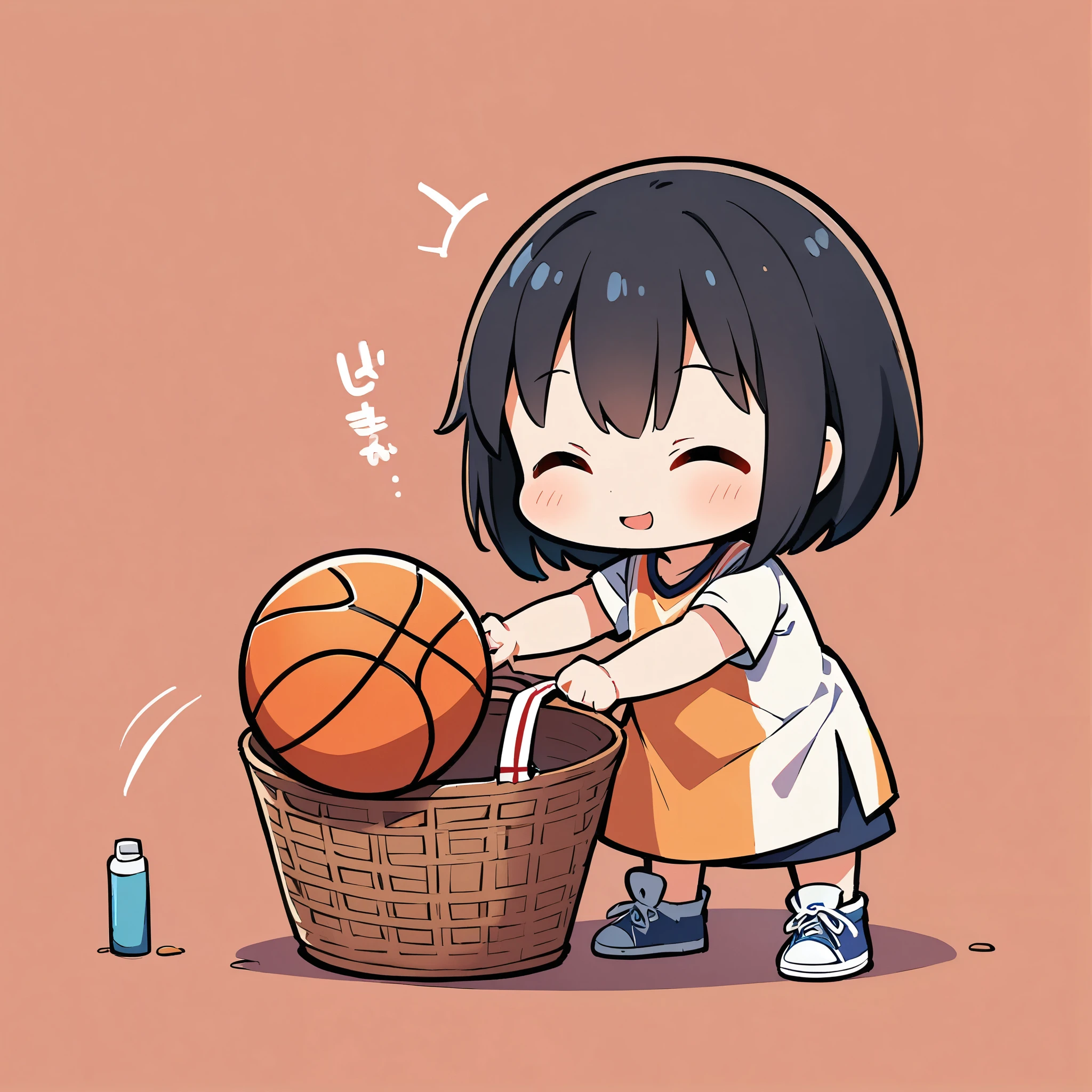 A girl putting a basketball into a basket on the ground, pretty girl, Deformation, Basketball and ball, Black Hair Girl, Cute dunk shot, Plain background, 