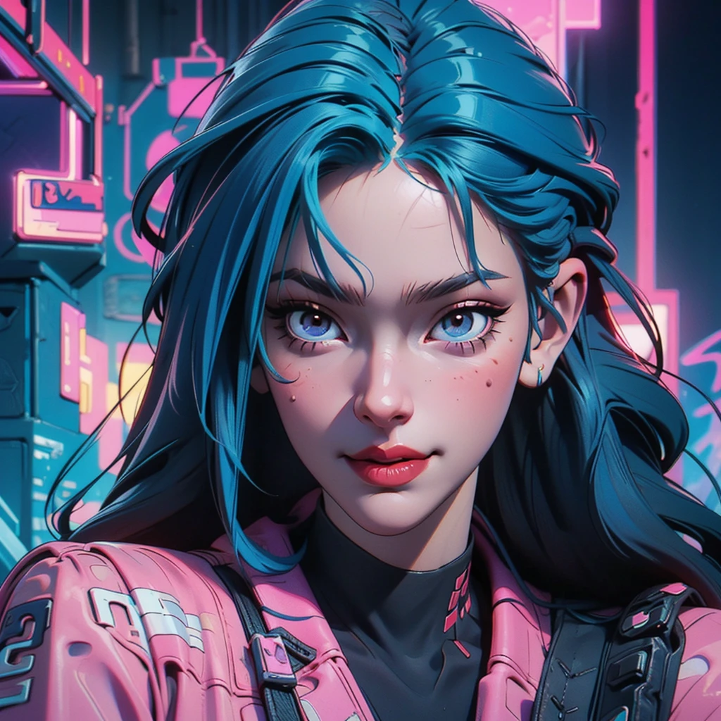 there is a woman with blue hair and a jacket, hyper-realistic cyberpunk style, realistic art style, Retrato ciberpunk, 🤤 portrait of , cyberpunk artstyle, cyberpunk anime digital art, Retrato de RossDraws, garota cyberpunk sonhadora, the cyberpunk portrait of , portrait of cg society, cyberpunk style , hyper realist, realism art style, photorealistic art style, rossdraws pastel vibrante, smiling