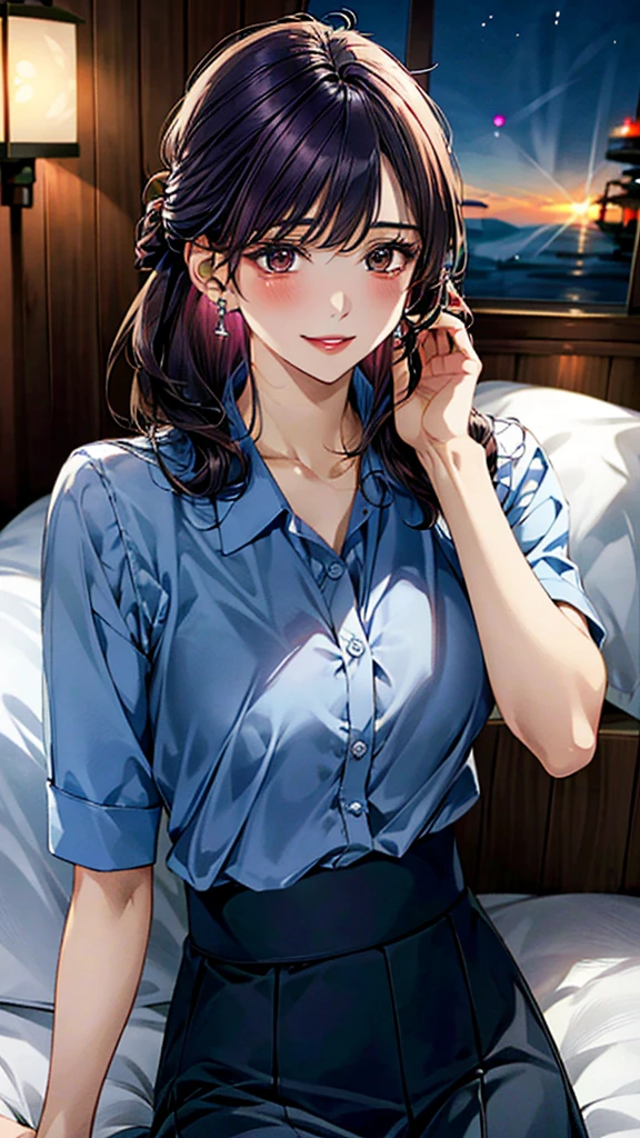 (masterpiece:1.3, Highest quality, Ultra-high resolution:1.2, Very detailed、8k), (Realistic, photoRealistic:1.4), Beautiful illustrations, Perfect lighting, colorful, Written boundary depth, Beautiful detailsまでこだわった髪, Beautifully detailed face, Beautiful details, Droopy eyes、Beautiful clavicle, Beautiful body, 美しいLarge Breasts, Beautiful thighs, Beautiful legs, Beautiful fingers, Show Viewer、Front view:0.6, beauty1人, Japanese, beauty、30 years old, Perfect Face, (Perfect Anatomy, Anatomically correct), Cute and symmetrical face, Baby Face, , Glowing Skin,(Light blue collared shirt:1.4), (Long skirt:1.4) 、(Dark purple hair, Medium hair、Updo Hair:1.4), Braided bangs、Dark brown eyes, (Large Breasts, The body is slim), necklace, Small earrings:1.1, (Beautiful views), (night),( Luxury hotel room),((Lying in bed)), Sexy pose、優しいsmile、(smile, Lips parted),