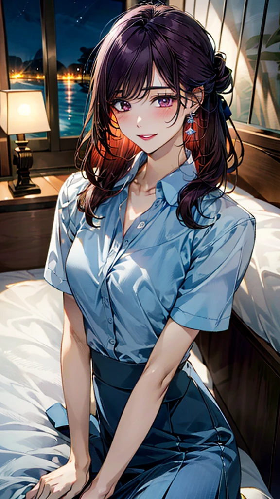 (masterpiece:1.3, Highest quality, Ultra-high resolution:1.2, Very detailed、8k), (Realistic, photoRealistic:1.4), Beautiful illustrations, Perfect lighting, colorful, Written boundary depth, Beautiful detailsまでこだわった髪, Beautifully detailed face, Beautiful details, Droopy eyes、Beautiful clavicle, Beautiful body, 美しいLarge Breasts, Beautiful thighs, Beautiful legs, Beautiful fingers, Show Viewer、Front view:0.6, beauty1人, Japanese, beauty、30 years old, Perfect Face, (Perfect Anatomy, Anatomically correct), Cute and symmetrical face, Baby Face, , Glowing Skin,(Light blue collared shirt:1.4), (Long skirt:1.4) 、(Dark purple hair, Medium hair、Updo Hair:1.4), Braided bangs、Dark brown eyes, (Large Breasts, The body is slim), necklace, Small earrings:1.1, (Beautiful views), (night),( Luxury hotel room),((Lying in bed)), Sexy pose、優しいsmile、(smile, Lips parted),