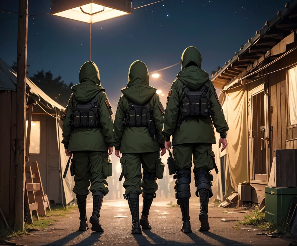 View from behind，A group of female soldiers all wearing dark green M-51 hooded uniforms、Hooded on head、Military Pants、Knee pads，Walking around the camp at night，Write details、masterpiece、best quality、Highly detailed CG、8K picture quality