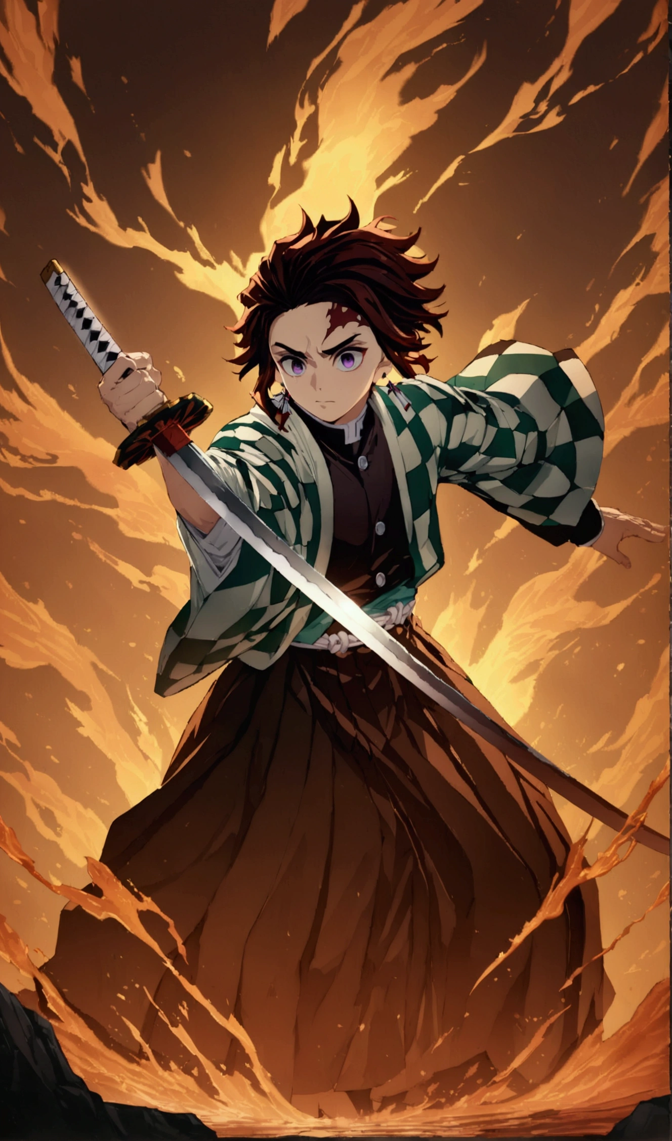 (1 male,Tanjiro Kamado),Demon slayer,Tanjiro Costume,tanjiro has a sword,Water and fire effects,Intricate details,,Decadent,artwork,rendering,Dynamic pose,(masterpiece:1.3),(highest quality:1.4),(Super detailed:1.5),High resolution,Very detailed,unity 8k wallpaper,Dark fantasy,,Glare,Fighting Style,Glare,Desperate form,BREAK,The sword is a Japanese sword,Japanese swords are straight and have a metallic luster..,Please hold the handle of the Japanese sword