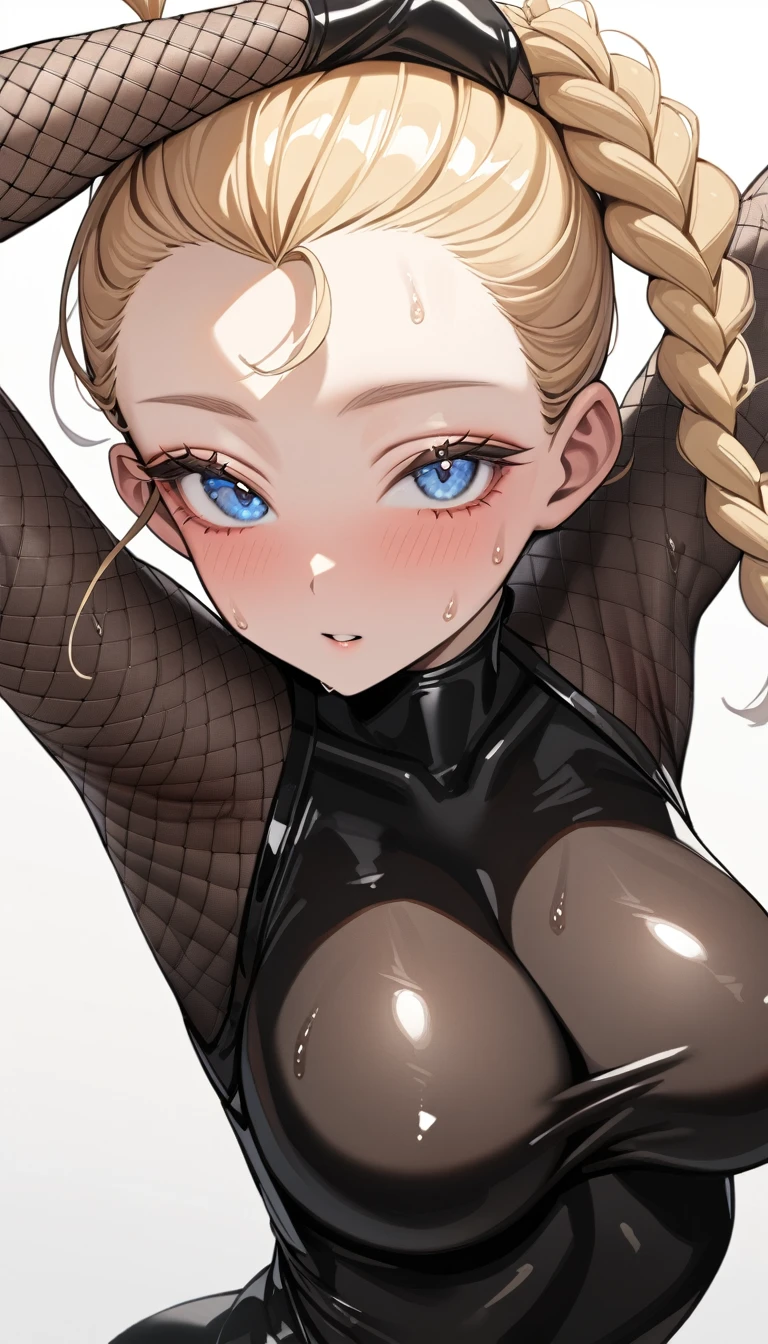 1girl,solo,super detailed skin,shiny skin,oily skin,natural face,eyelashes,blue eyes,half open eyes,blonde hair,a side bangs pinned back,a side braid,large breasts,black body suit,(ninja costume:1.1),fishnet arms,upper body ,simple background,masterpiece,best quality,ultra detailed,high resolution,sharp focus