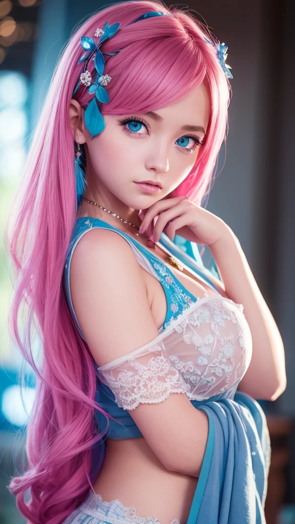 a beautiful young girl with pink hair, blue eyes, and big eyes, in an antique style setting, detailed portrait, masterpiece, best quality, 4k, 8k, highres, ultra-detailed, realistic, photorealistic, photo-realistic, HDR, UHD, studio lighting, ultra-fine painting, sharp focus, physically-based rendering, extreme detail description, professional, vivid colors, bokeh, portrait