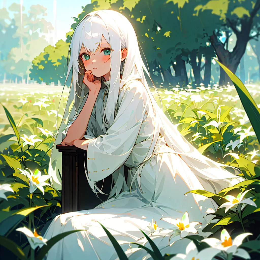 (masterpiece, Highest quality),One girl with long white hair sitting in a field of green plants and flowers, She placed her hand under her chin, Warm lighting, White Dress, Blurred foreground