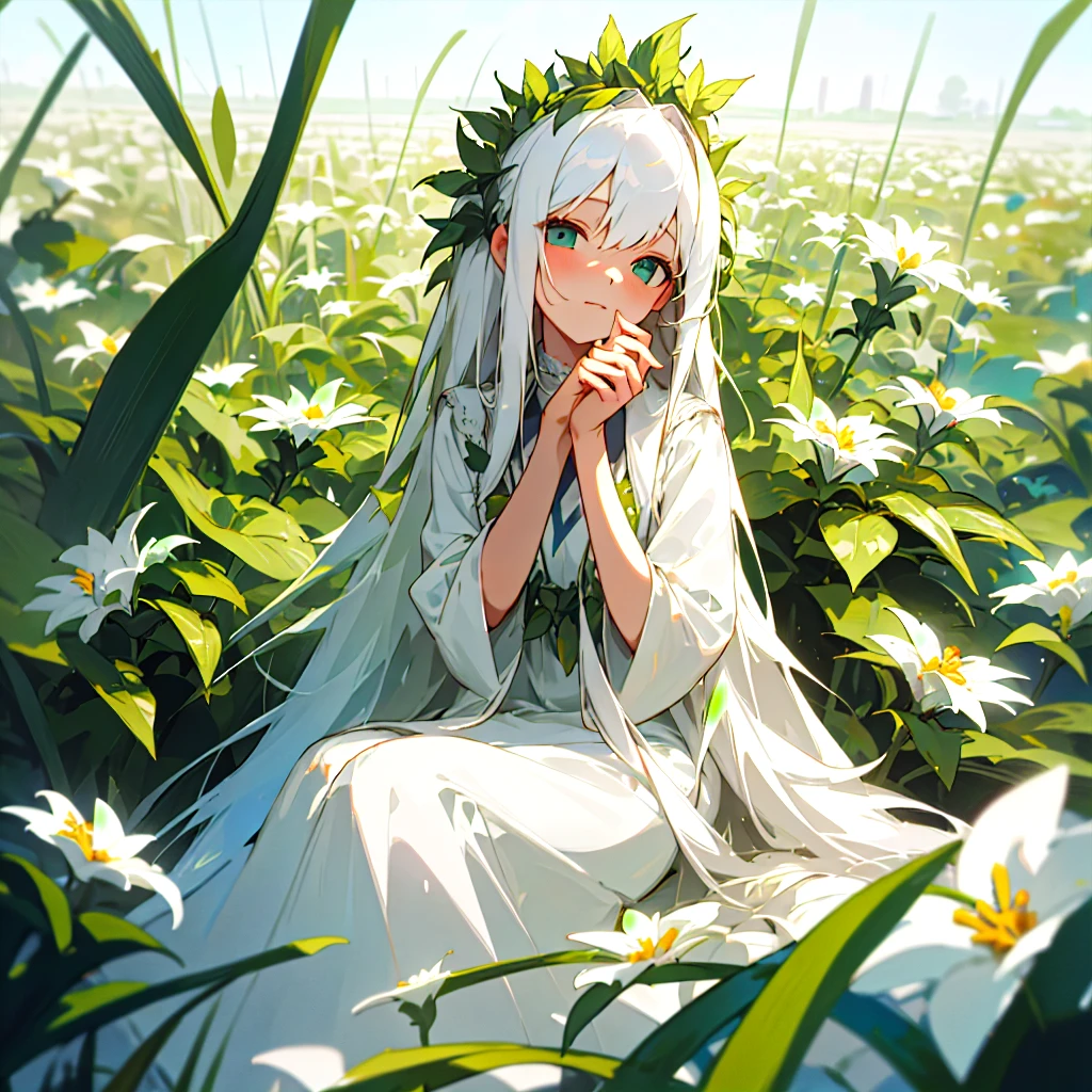 (masterpiece, Highest quality),One girl with long white hair sitting in a field of green plants and flowers, She placed her hand under her chin, Warm lighting, White Dress, Blurred foreground