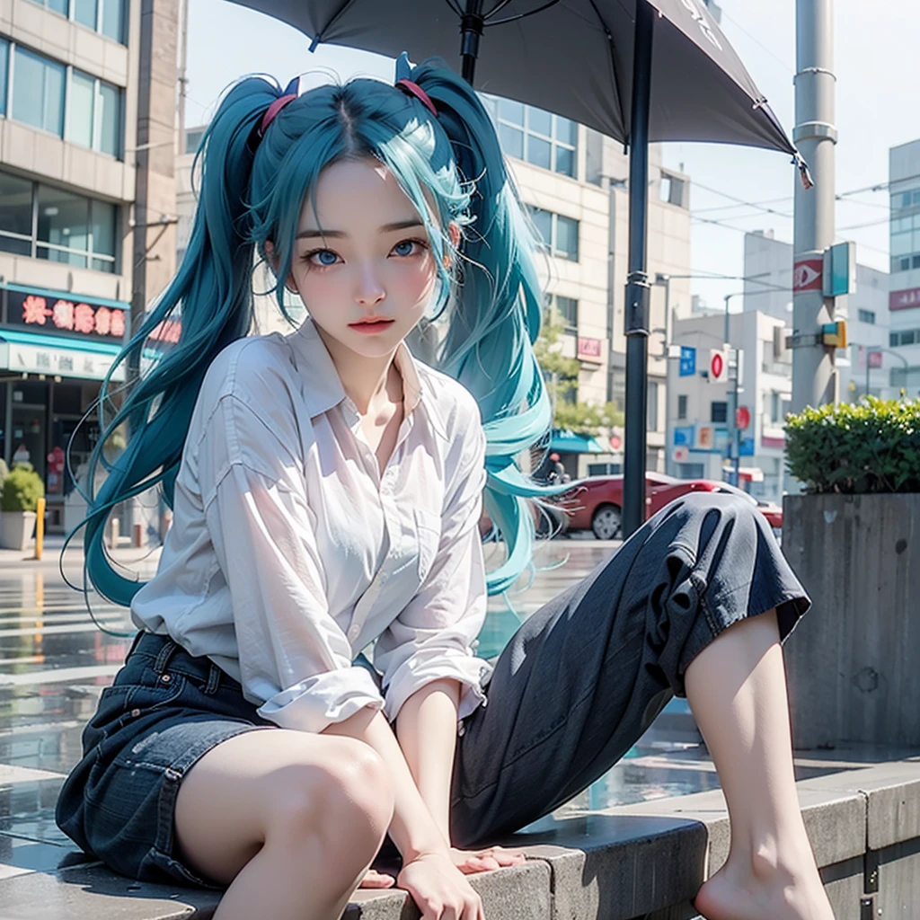 1 Anime Girl, alone,Blue Hair,blue eyes,Black petals flutter, Mysteriously glowing butterfly.city,hatsune miku,鮮やかBlue Hair,Bright blue gemstone eyes,Twin tails,Thin legs,Gloomy cloudy sky,Sad expression,Very clear,Highest quality,rainy city,Street Corner,Are crying,tears,Face close-up,Sit on the water,barefoot,heavy rain,Look to the side