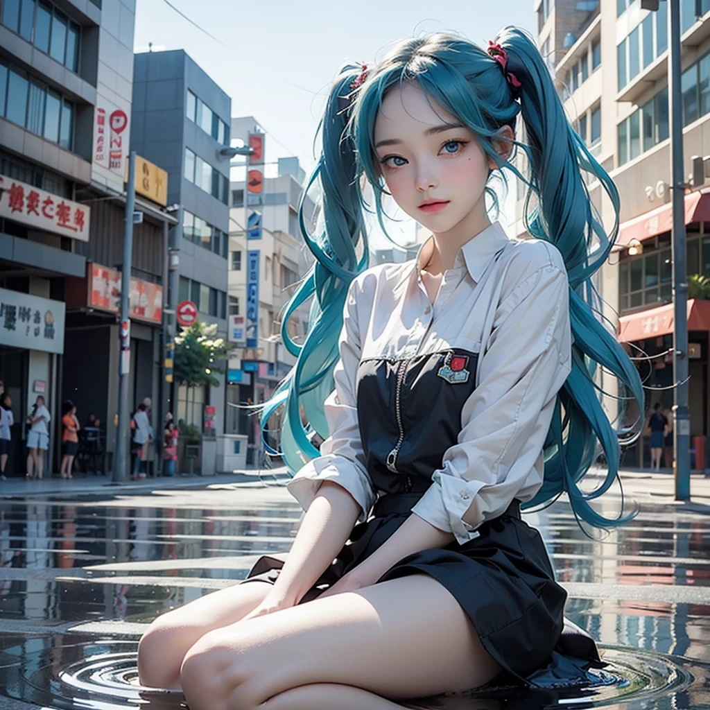 1 Anime Girl, alone,Blue Hair,blue eyes,Black petals flutter, Mysteriously glowing butterfly.city,hatsune miku,鮮やかBlue Hair,Bright blue gemstone eyes,Twin tails,Thin legs,Gloomy cloudy sky,Sad expression,Very clear,Highest quality,rainy city,Street Corner,Are crying,tears,Face close-up,Sit on the water,barefoot,heavy rain,Look to the side