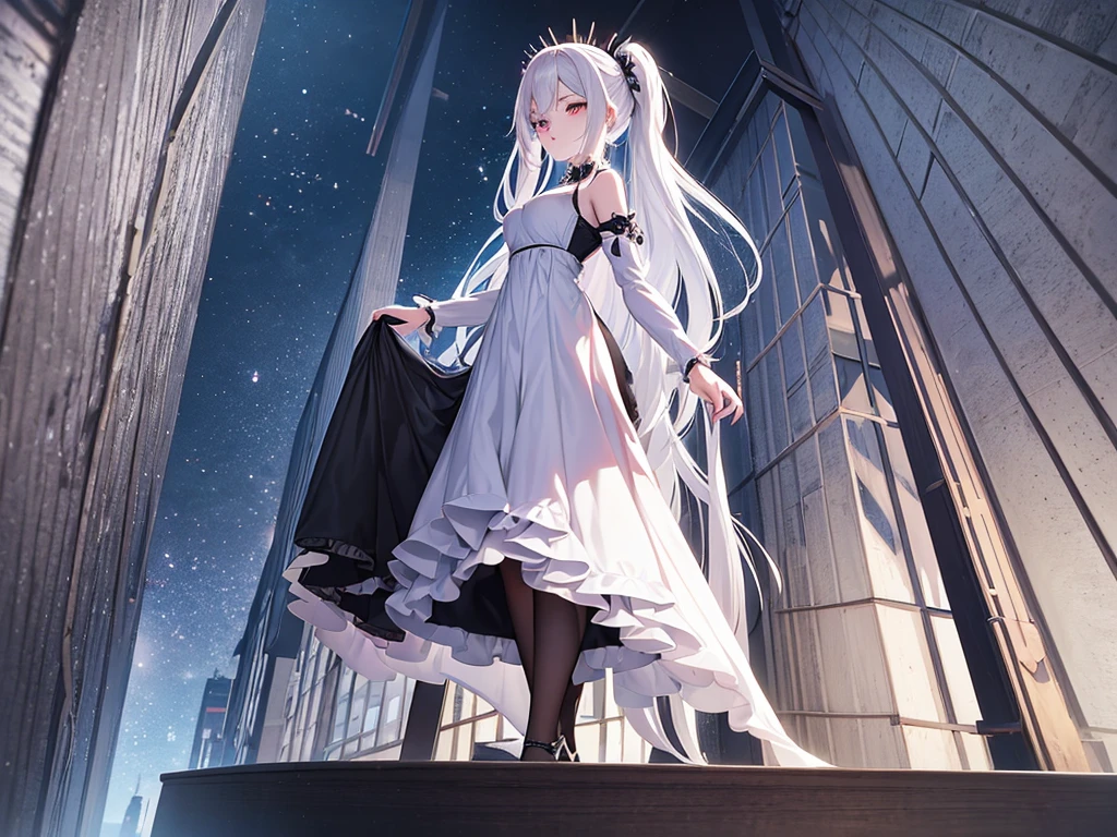 Anime-style image of a woman with white hair and black clothing, Cute 3D anime girl render, Cute anime waifu in a nice dress, Anime VTuber Full Body Model, Anime girl in a black dress, Gothic Maiden Anime Girl, Highly detailed characters, Official character art,Prayer