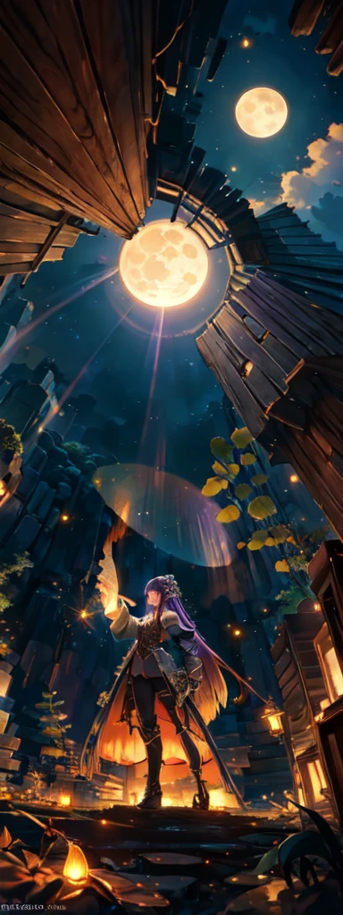 expansive landscape photograph , (a view from below that shows sky above and open field below), a girl standing on flower field looking up, (full moon:1.2), ( shooting stars:0.9), (nebula:1.3), distant mountain, tree BREAK
production art, (warm light source:1.2), (Firefly:1.2), lamp, lot of purple and orange, intricate details, volumetric lighting, realism BREAK
(masterpiece:1.2), (best quality), 4k, ultra-detailed, (dynamic composition:1.4), highly detailed, colorful details,( iridescent colors:1.2), (glowing lighting, atmospheric lighting), dreamy, magical, (solo:1.2)