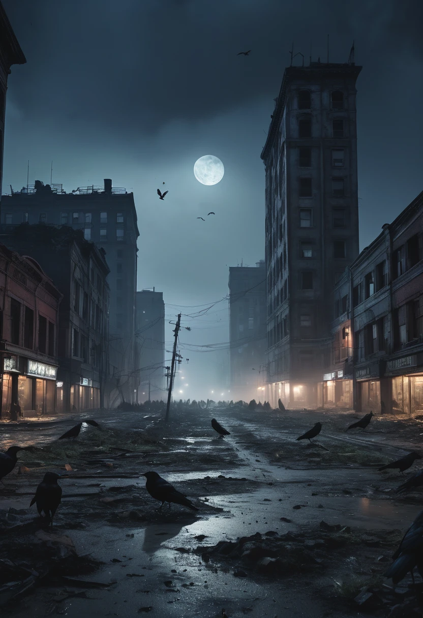 a night cityscape with a ruined city, dark atmosphere, cracked ground, crows gathered around, moonlit night, cinematic, dramatic lighting, gloomy, painterly, muted colors, highly detailed, volumetric fog, moody, abandoned, dystopian, post-apocalyptic, epic scale, (best quality,4k,8k,highres,masterpiece:1.2),ultra-detailed,(realistic,photorealistic,photo-realistic:1.37)