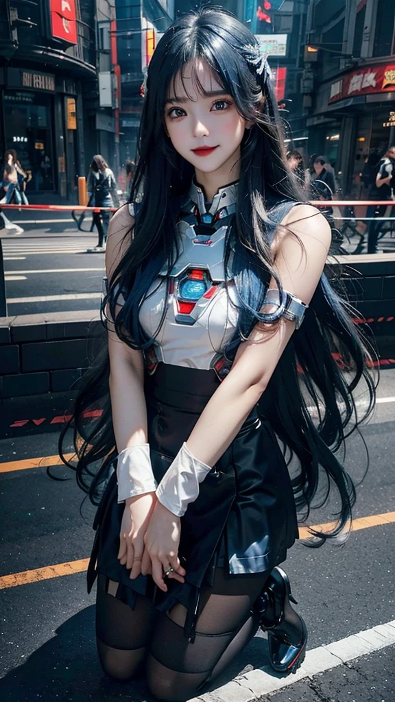 Beautiful Iron Man，Angelic countenance，Full body portrait，the long flowing blue hair，big eyes，Flashing pupils，shy，Blush，Smile，Delicate depiction of the face，Wear a short skirt，Black pantyhose，Wearing high heels，Cyberpunk，Night，Hyperrealism，Neon Street，Ray Tracing，masterpiece，Pixel Perfect，make a fist，Delicate hand engraving，Light and Shadow，Sweat，Fine drawing