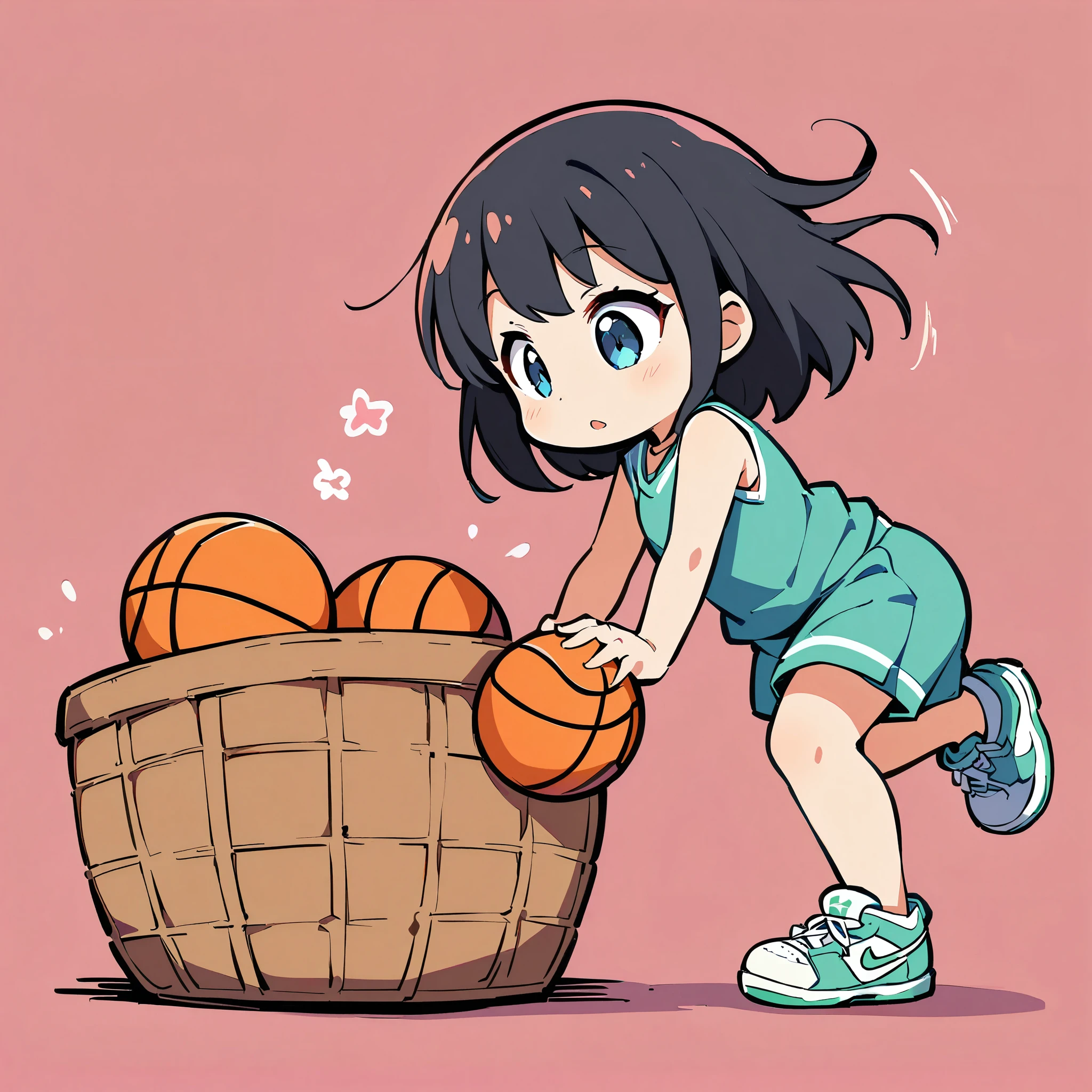 A girl putting a basketball into a basket on the ground, pretty girl, Deformation, Basketball and ball, Black Hair Girl, Cute dunk shot, Plain background, 