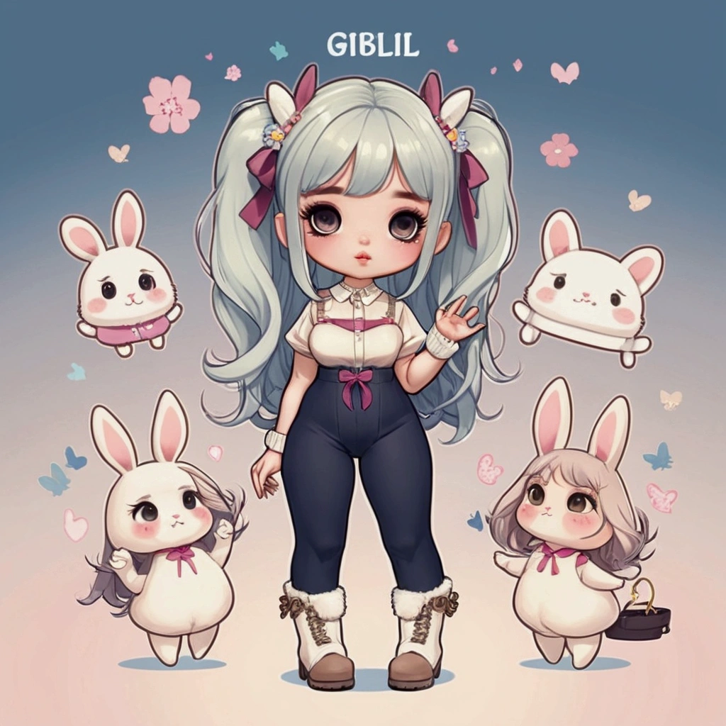 Female cartoons, chibi,  characters, proportions, hourglass figure, full body, small waist, beautiful face, cute face, unique face, eyelashes, penis lips, boots, Blythe doll,  Bunny Girl outfit, Bunny Girl, waist-length hair, bangs, standing straight-faced