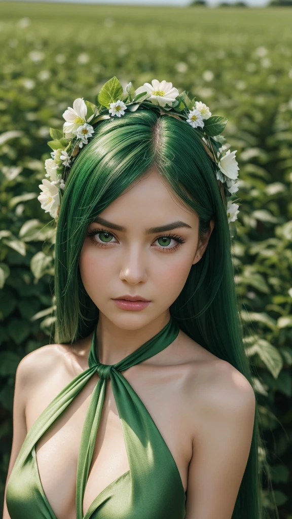 a girl. the face sends feeling. Europe. Oval face. long face. delicate features. seductively seductive. long straight hair. green hair. wreath on head. angry expression. green silk halter dress. straight face. in the flower field