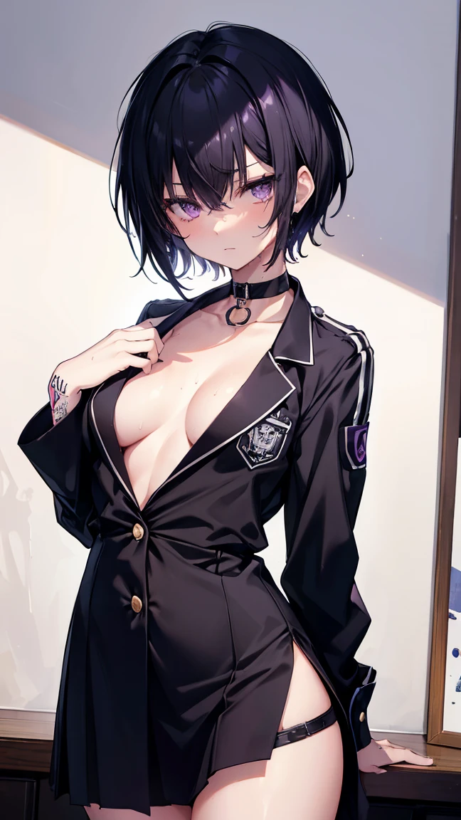 High resolution,high resolution,Girl,Black Hair,Short Hair,Purple Eyes,Slanted Eyes,Bad mood,boyish,slender,Toned body,uniform,,Tattoo,Bedroom,low length,Starry Sky,choker,Wet with sweat,