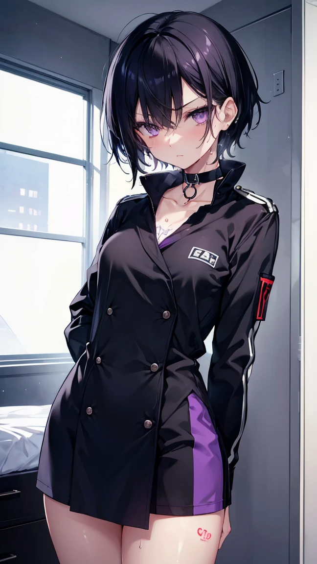 High resolution,high resolution,Girl,Black Hair,Short Hair,Purple Eyes,Slanted Eyes,Bad mood,boyish,slender,Toned body,uniform,,Tattoo,Bedroom,low length,Starry Sky,choker,Wet with sweat,