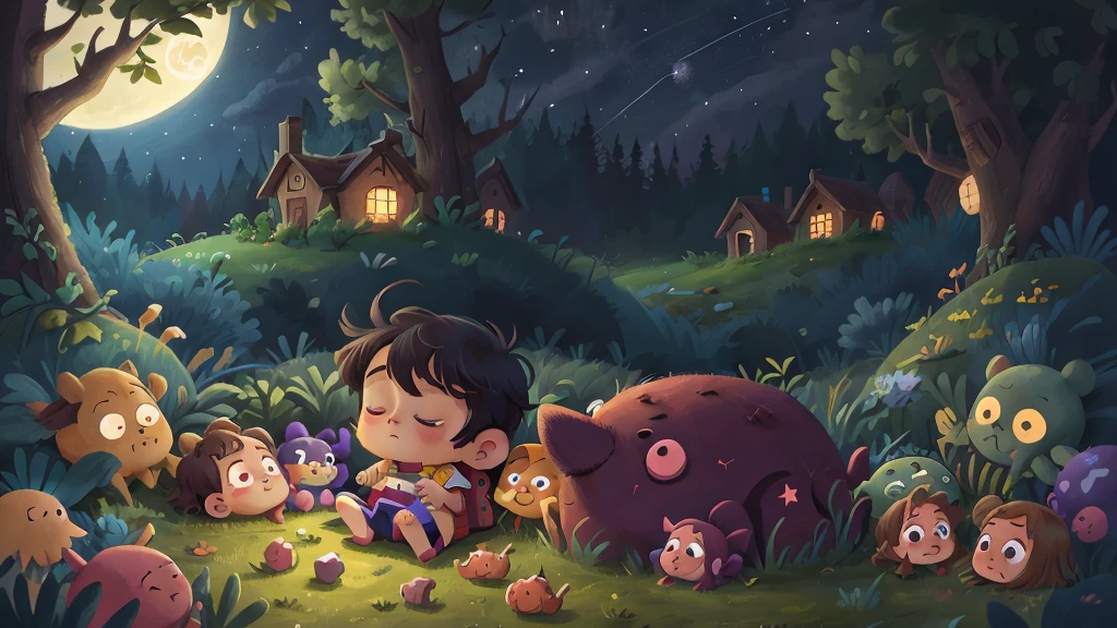 At night, in the darkness, under a starry sky, a baby is sleeping.