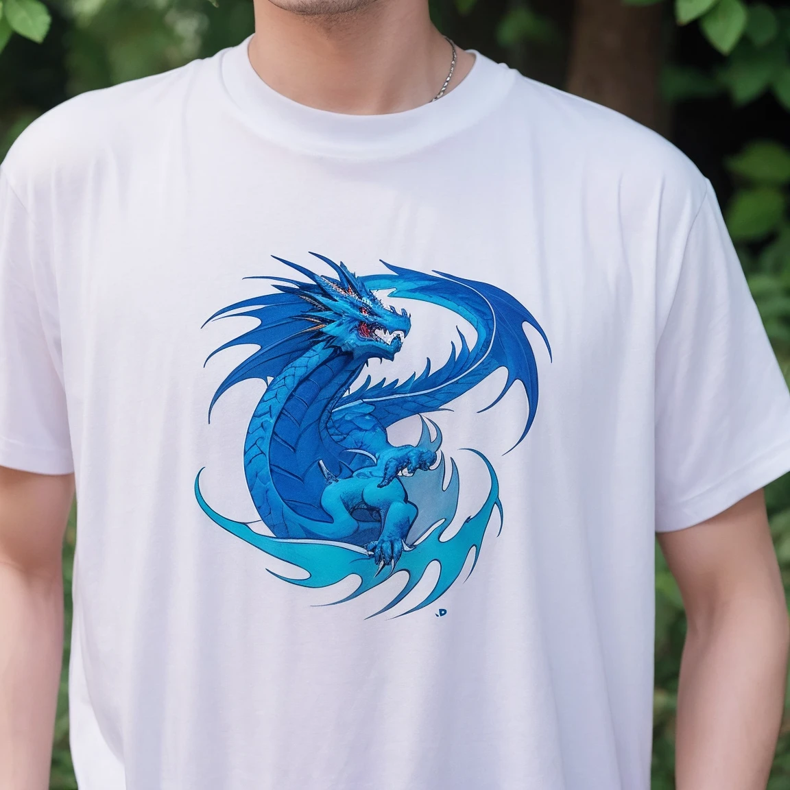 A person wearing a white T-shirt with a custom design of a blue dragon