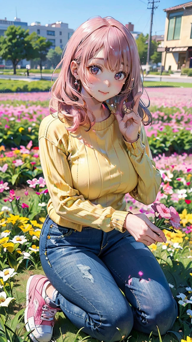 (Masterpiece, BestQuality:1.3), (ultra detailed:1.2), (hyperrealistic:1.3), (RAW photo:1.2), High detail RAW color photo, professional photograph, (Photorealistic:1.4), (realistic:1.4), (Pink Hair:1.5), professional lighting, perfect ???????, (Big Breasts:1.2), (blush, detailed face), (A happy smile:1.7), sexly, erotic sexly, Random sexy gravure poses, (Yellow sweater and blue jeans、White sneakers、Pose picking flowers in a flower field。Large sunglasses are distinctive。:1.3)