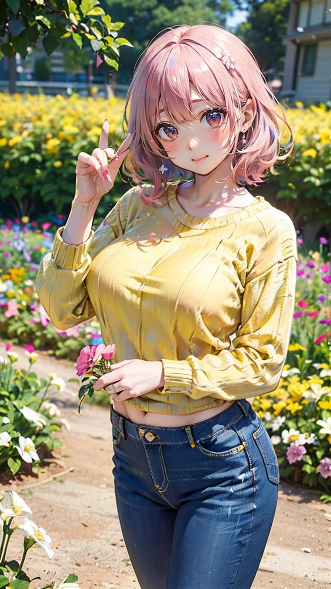 (Masterpiece, BestQuality:1.3), (ultra detailed:1.2), (hyperrealistic:1.3), (RAW photo:1.2), High detail RAW color photo, professional photograph, (Photorealistic:1.4), (realistic:1.4), (Pink Hair:1.5), professional lighting, perfect anatomy, (Big Breasts:1.2), (blush, detailed face), (A happy smile:1.7), sexly, erotic sexly, Random sexy gravure poses, (Yellow sweater and blue jeans、White sneakers、Pose picking flowers in a flower field。Large sunglasses are distinctive。:1.3)