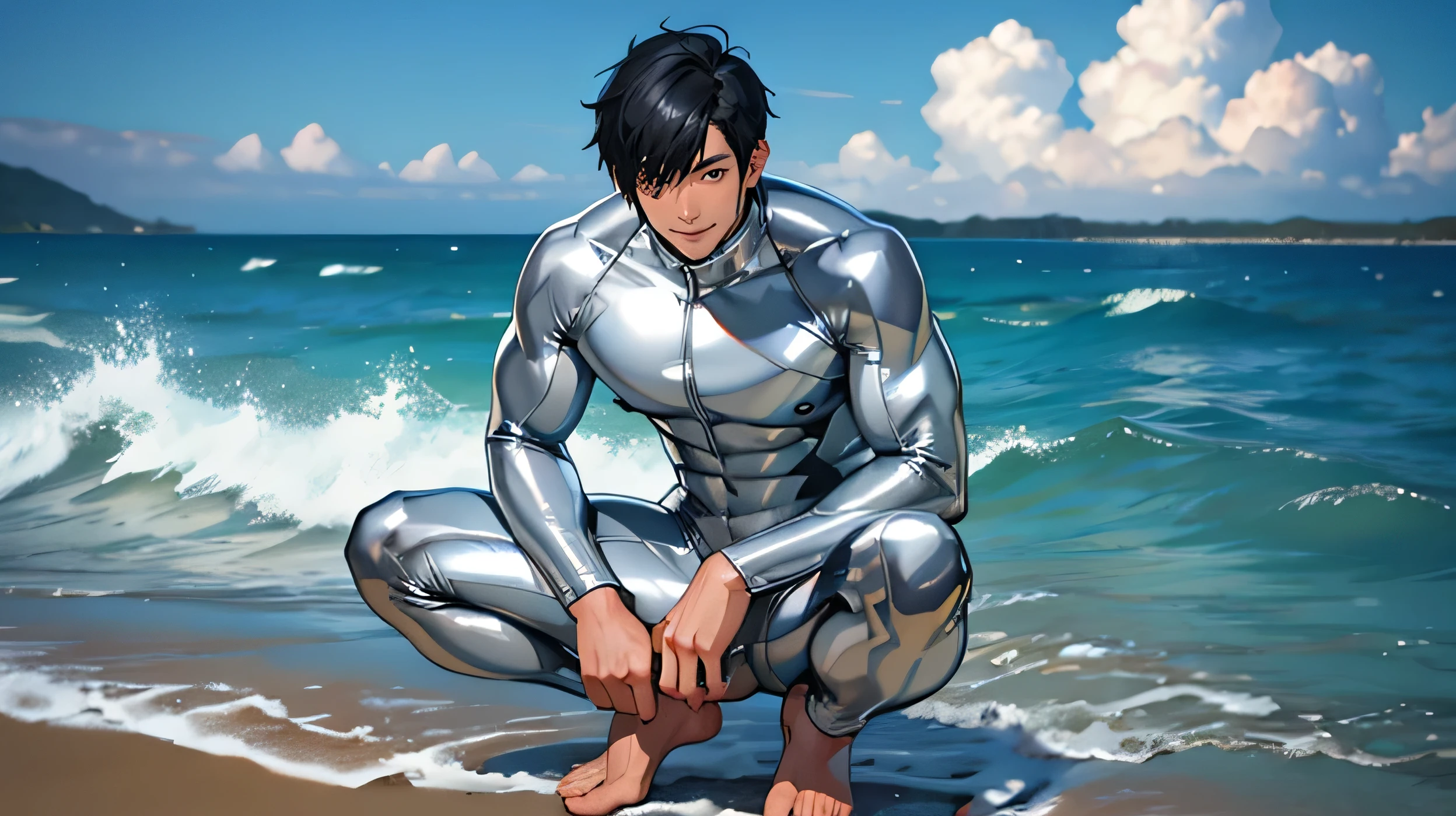 Handsome Japanese male models 　Black Hair　　Short cut　　　　Slim figure　　barefoot　　smile　looking at the camera　　　　soaked　Ocean　Shiny full-body silver suit　　　A shiny, silver latex suit that covers the skin　Bulge　　sit　squat