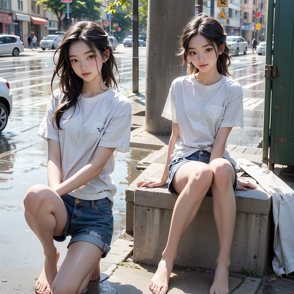 15-year-old girl,fair,Long brown hair,Very thin,small thin legs,rain,street,White shirt,Wet clothes,Shorts,barefoot,legs are very thin,Energetic,whole body,