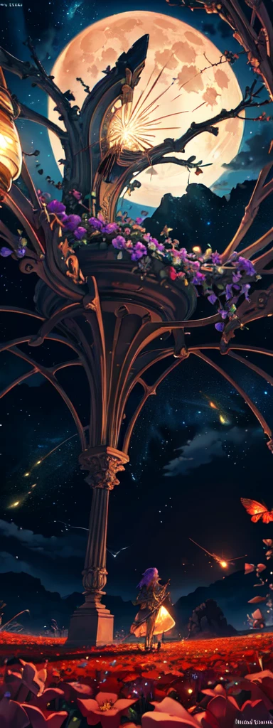 expansive landscape photograph , (a view from below that shows sky above and open field below), a girl standing on flower field looking up, (full moon:1.2), ( shooting stars:0.9), (nebula:1.3), distant mountain, tree BREAK
production art, (warm light source:1.2), (Firefly:1.2), lamp, lot of purple and orange, intricate details, volumetric lighting, realism BREAK
(masterpiece:1.2), (best quality), 4k, ultra-detailed, (dynamic composition:1.4), highly detailed, colorful details,( iridescent colors:1.2), (glowing lighting, atmospheric lighting), dreamy, magical, (solo:1.2)