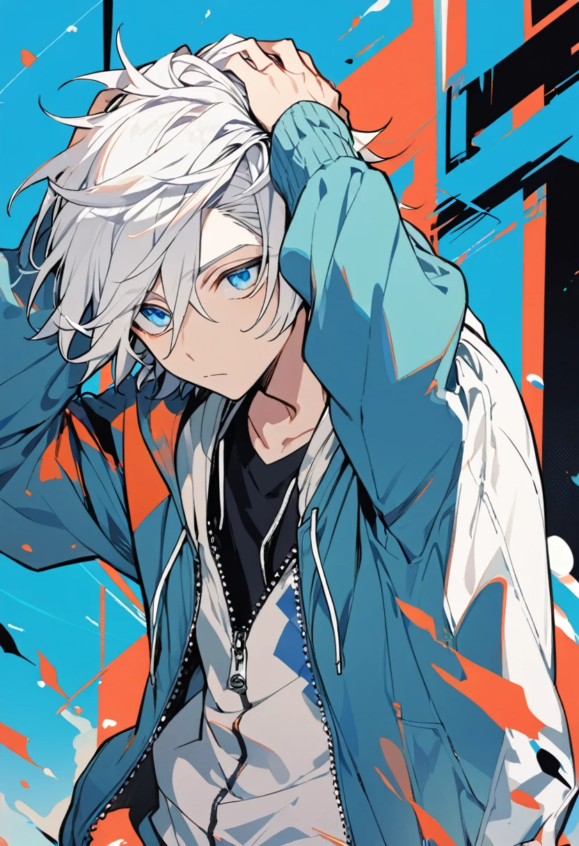 1 boy, solo, a young man, simple color, ((wearing a zip up hoodie)), white hair, a cool boy, blue eyes, bob cut, (((cover one's head with a cloth)))