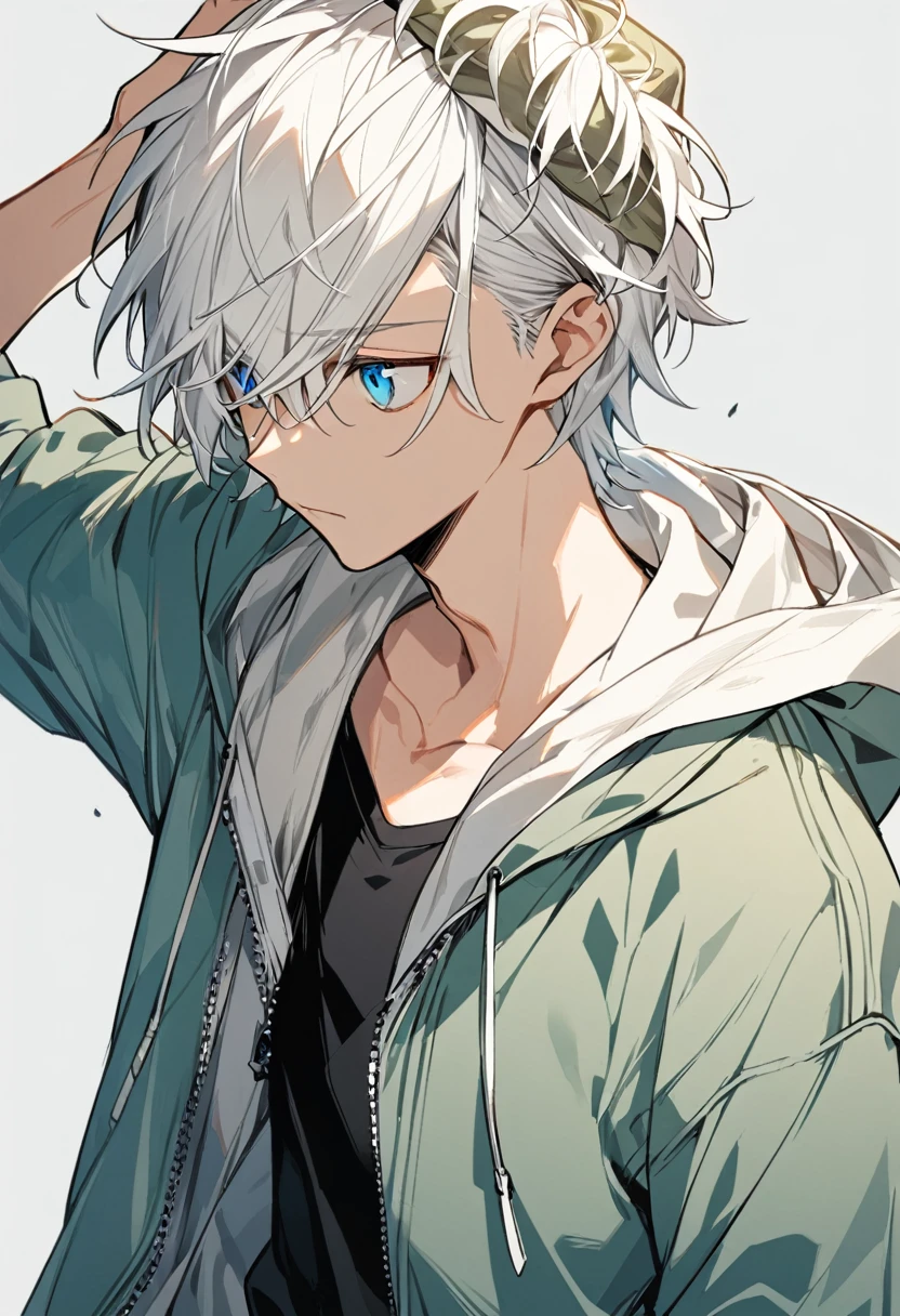 1 boy, solo, a young man, simple color, ((wearing a zip up hoodie)), white hair, a cool boy, blue eyes, bob cut, (((cover one's head with a cloth)))