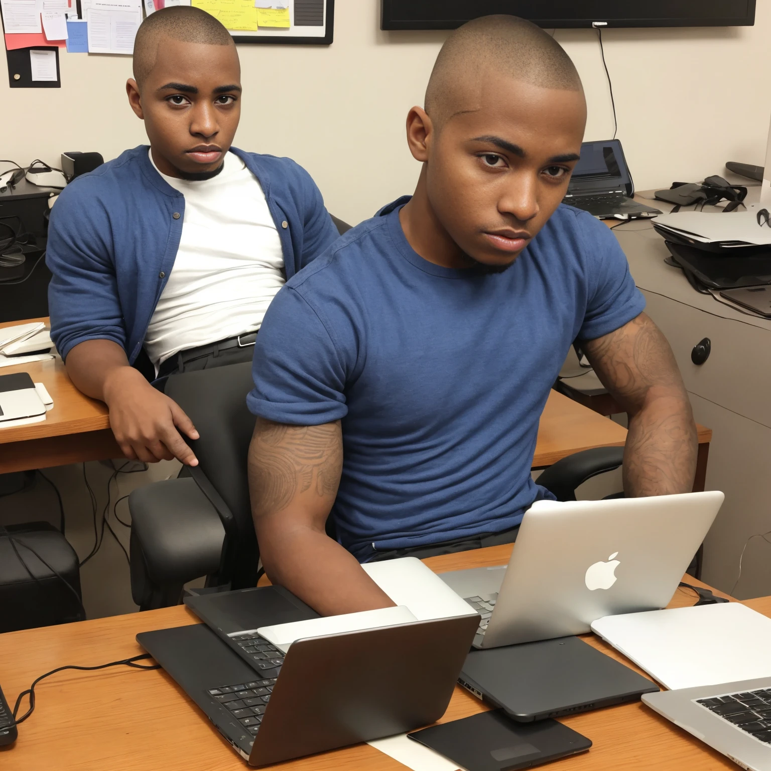 28 years old african american man, buzz cut hairstyle, apple laptop, sitting in an office