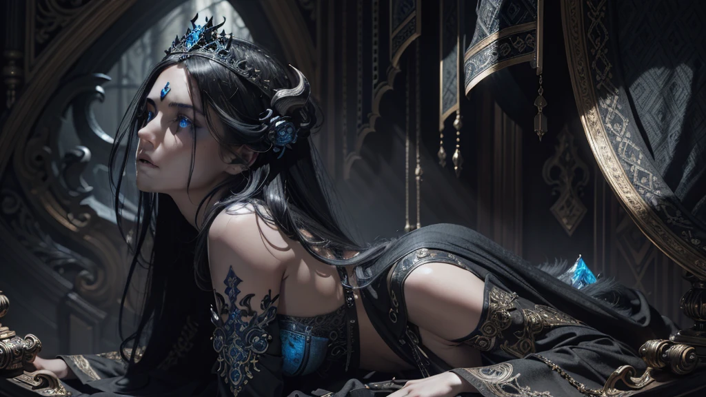 a beautiful demon queen with long black hair and piercing blue eyes, looking up with an intense gaze, highly detailed, masterpiece, best quality, photorealistic, 8k, cinematic lighting, dramatic shadows, fantasy, dark ethereal beauty, intricate ornate details, flowing black dress, porcelain skin, intense expression, mystical, powerful, alluring, Greg Rutkowski
