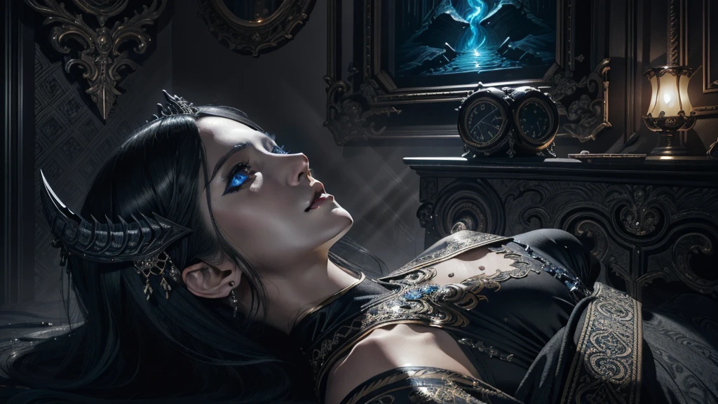 a beautiful demon queen with long black hair and piercing blue eyes, looking up with an intense gaze, highly detailed, masterpiece, best quality, photorealistic, 8k, cinematic lighting, dramatic shadows, fantasy, dark ethereal beauty, intricate ornate details, flowing black dress, porcelain skin, intense expression, mystical, powerful, alluring, Greg Rutkowski