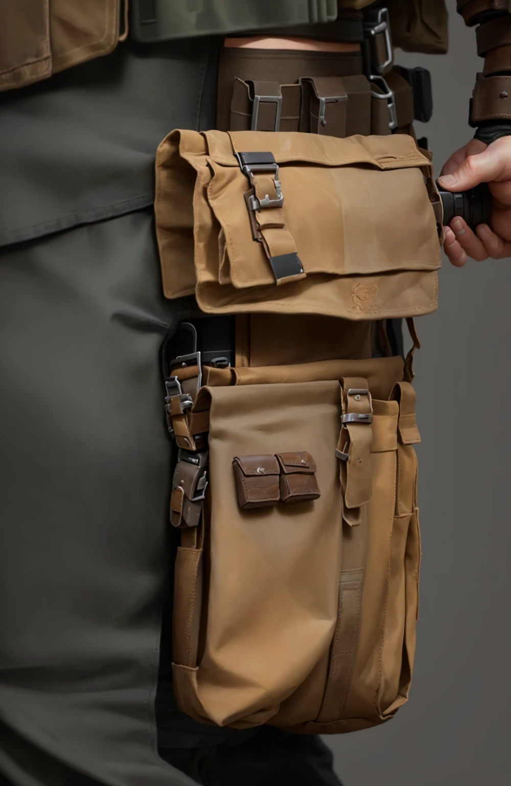 tactical two piece leg pouch made of old brown fabric and leather , photorealistic detail, heavy detail, extreme detail skin, hyper realistic detail, hand painted textures on model, extreme realistic detail, close up details, ultrarealistic details, extra realistic details, unreal detail, hyper realistic details, great level of detail, epic level of detail