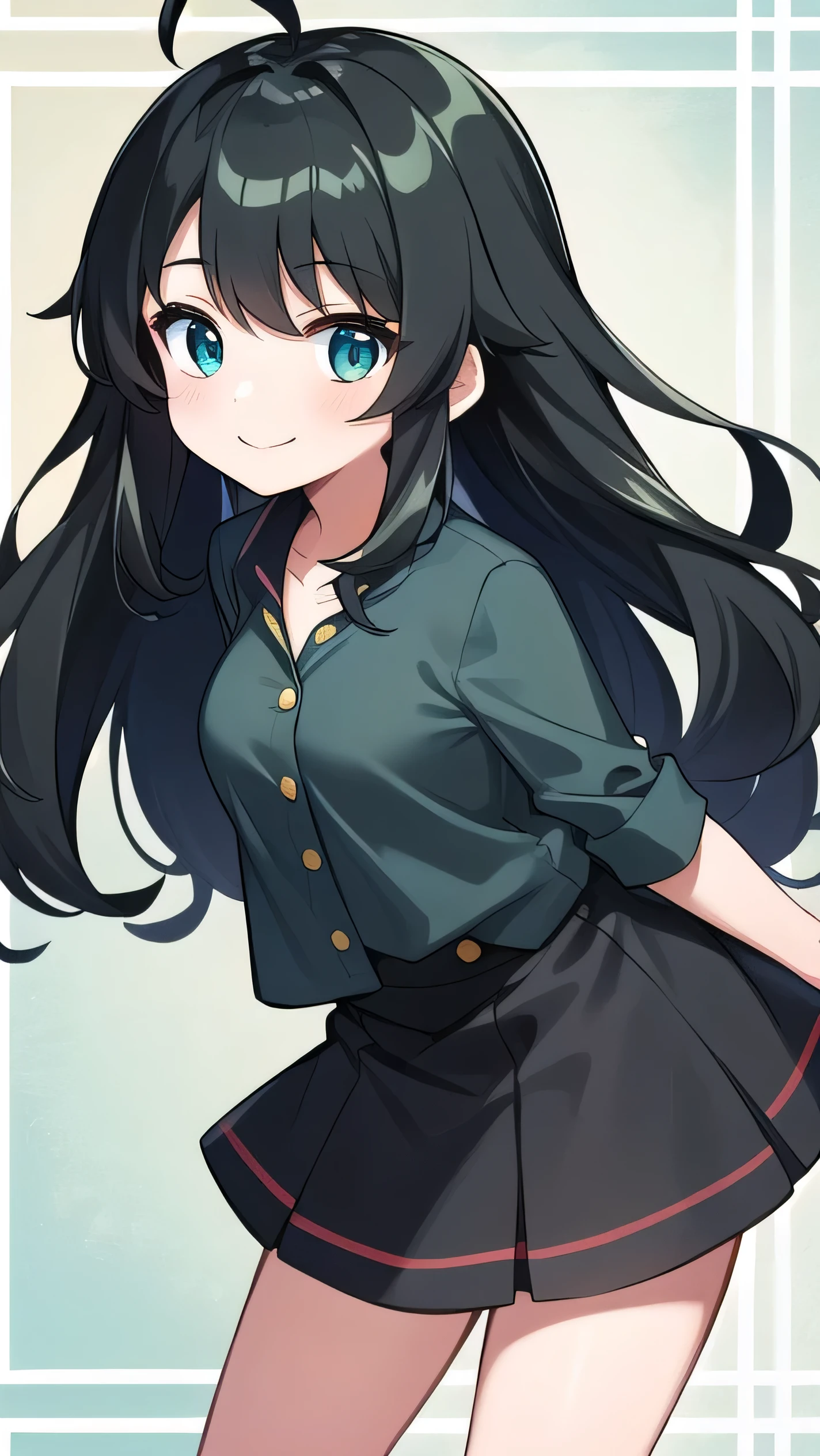 Junior high school student who looks like an elementary school student, 14 years old, very short, 140 cm tall, black hair with a slight green tinge, short ahoge, beautiful long hair but with a little hair sticking out, beautiful round eyes, blue eyes, smile, boyish, big breasts, long hair, childish face, gentle smile, a little shy, black hair with a slight green tinge, boyish, gentle smile,, ( Deep greenish black hair: 1.3),,childish clothes