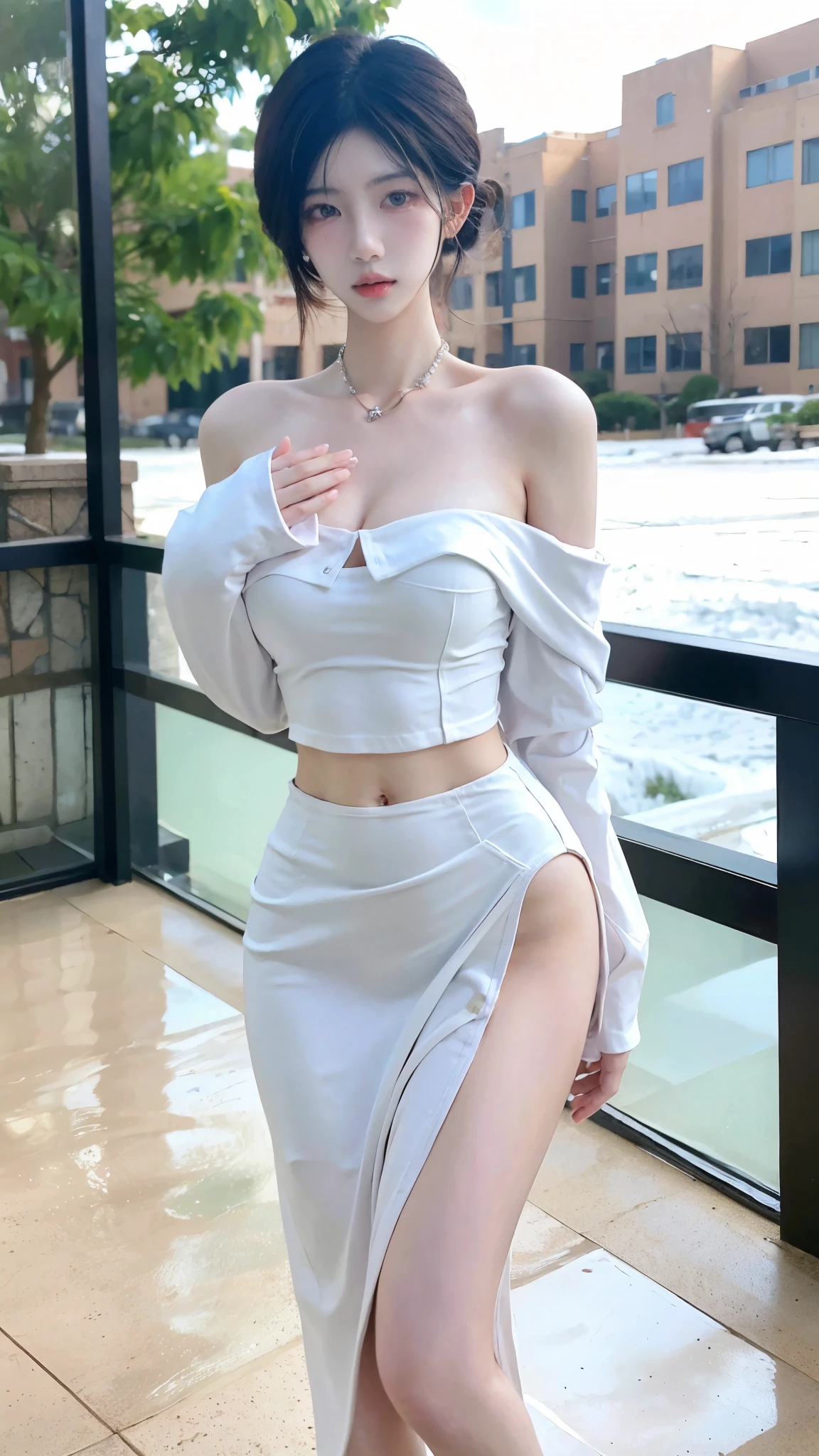 Beautiful woman with perfect figure:1.4,snow,snow背景,Layered Hairstyle,White skin,Prominent cleavage,Pleated Skirt,whole body,Very delicate face and skin texture,Double eyelids,Skin Whitening,Long white hair