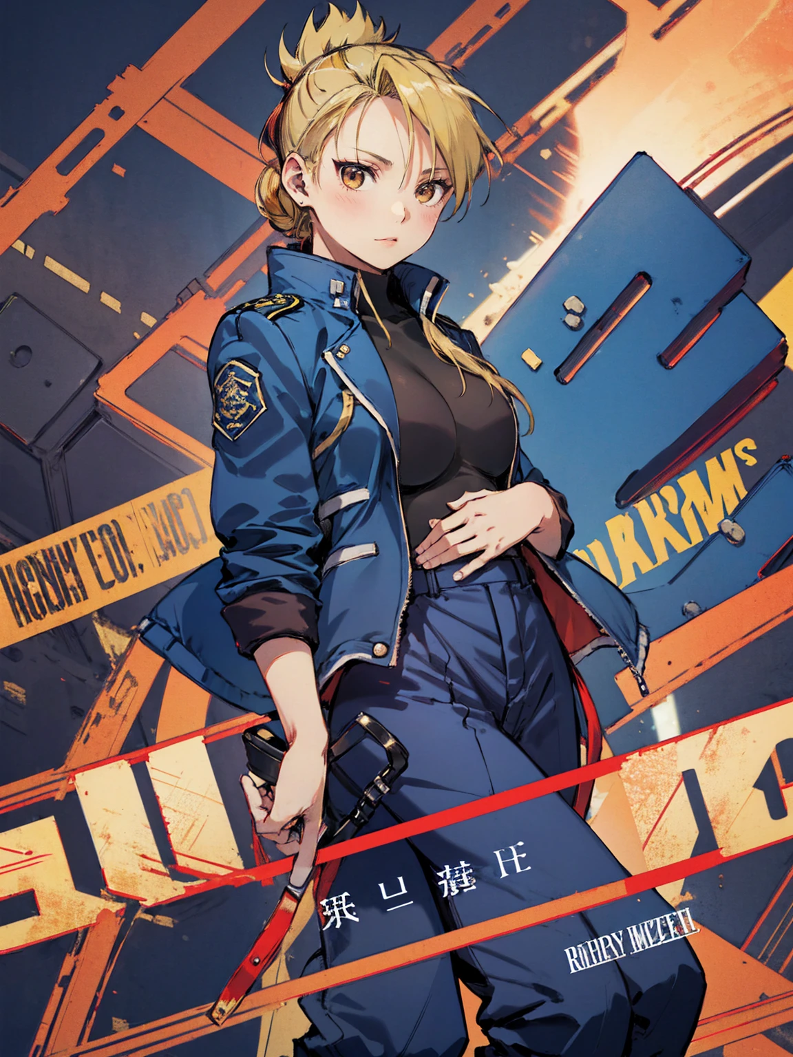 masterpiece, Highest quality, High resolution, One girl, (Riza Hawkeye, Blue jacket), Folded ponytail, Brown eyes, , (uniform, Blue jacket, Blue pants), ,Big Breasts, 

