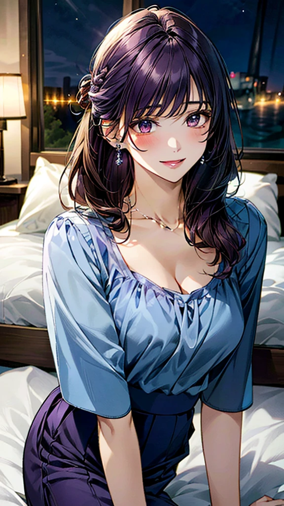 (masterpiece:1.3, Highest quality, Ultra-high resolution:1.2, Very detailed、8k), (Realistic, photoRealistic:1.4), Beautiful illustrations, Perfect lighting, colorful, Written boundary depth, Beautiful detailsまでこだわった髪, Beautifully detailed face, Beautiful details, Droopy eyes、Beautiful clavicle, Beautiful body, 美しいLarge Breasts, Beautiful thighs, Beautiful legs, Beautiful fingers, Show Viewer、Front view:0.6, beauty1人, Japanese, beauty、30 years old, Perfect Face, (Perfect Anatomy, Anatomically correct), Cute and symmetrical face, Baby Face, , Glowing Skin,(Light blue blouse:1.4), (Long skirt:1.4) 、(Dark purple hair, Medium hair、Updo Hair:1.4), Braided bangs、Dark brown eyes, (Large Breasts, The body is slim), necklace, Small earrings:1.1, (Beautiful views), ((night),( Luxury hotel room)),((Lying in bed)), Sexy pose、優しいsmile、(smile, Lips parted),