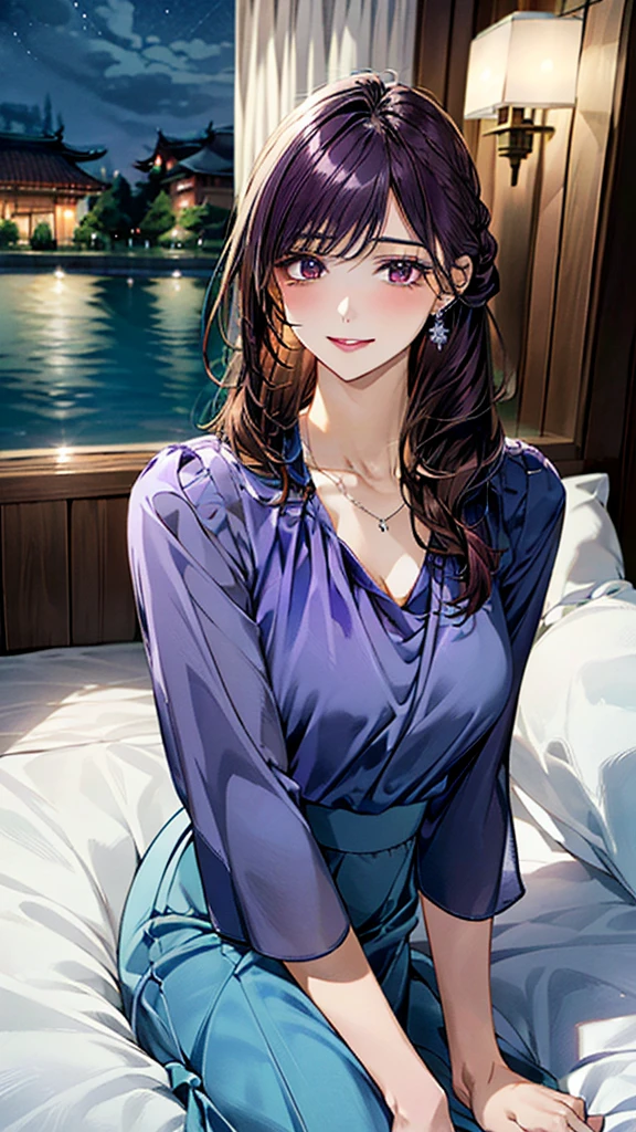 (masterpiece:1.3, Highest quality, Ultra-high resolution:1.2, Very detailed、8k), (Realistic, photoRealistic:1.4), Beautiful illustrations, Perfect lighting, colorful, Written boundary depth, Beautiful detailsまでこだわった髪, Beautifully detailed face, Beautiful details, Droopy eyes、Beautiful clavicle, Beautiful body, 美しいLarge Breasts, Beautiful thighs, Beautiful legs, Beautiful fingers, Show Viewer、Front view:0.6, beauty1人, Japanese, beauty、30 years old, Perfect Face, (Perfect Anatomy, Anatomically correct), Cute and symmetrical face, Baby Face, , Glowing Skin,(Light blue blouse:1.4), (Long skirt:1.4) 、(Dark purple hair, Medium hair、Updo Hair:1.4), Braided bangs、Dark brown eyes, (Large Breasts, The body is slim), necklace, Small earrings:1.1, (Beautiful views), ((night),( Luxury hotel room)),((Lying in bed)), Sexy pose、優しいsmile、(smile, Lips parted),