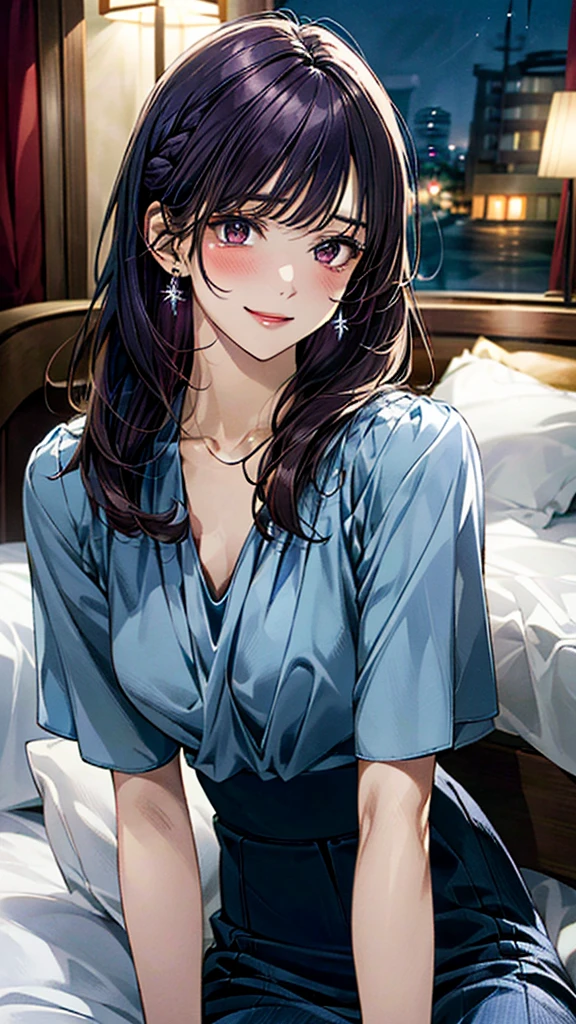 (masterpiece:1.3, Highest quality, Ultra-high resolution:1.2, Very detailed、8k), (Realistic, photoRealistic:1.4), Beautiful illustrations, Perfect lighting, colorful, Written boundary depth, Beautiful detailsまでこだわった髪, Beautifully detailed face, Beautiful details, Droopy eyes、Beautiful clavicle, Beautiful body, 美しいLarge Breasts, Beautiful thighs, Beautiful legs, Beautiful fingers, Show Viewer、Front view:0.6, beauty1人, Japanese, beauty、30 years old, Perfect Face, (Perfect Anatomy, Anatomically correct), Cute and symmetrical face, Baby Face, , Glowing Skin,(Light blue blouse:1.4), (Long skirt:1.4) 、(Dark purple hair, Medium hair、Updo Hair:1.4), Braided bangs、Dark brown eyes, (Large Breasts, The body is slim), necklace, Small earrings:1.1, (Beautiful views), ((night),( Luxury hotel room)),((Lying in bed)), Sexy pose、優しいsmile、(smile, Lips parted),