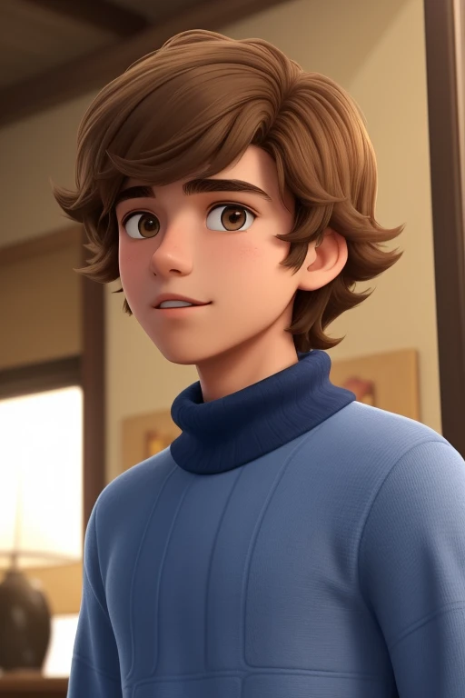 A 16 year old young man, With shaggy brown hair, nice face, Boxy face, And brown eyes, Wear a blue turtleneck.