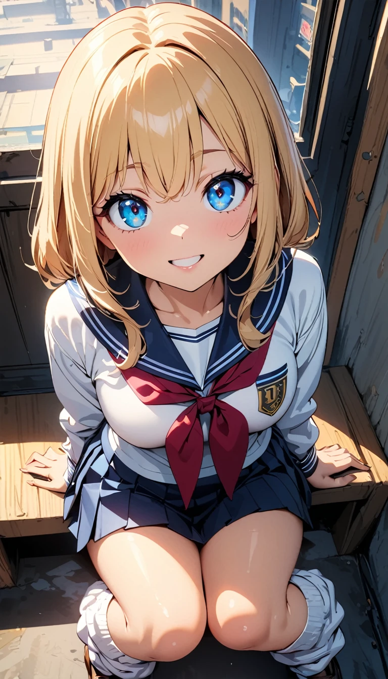 (Highest quality:1.24K, 8k, Studio Anime, Very detailed, Latest, Vibrant, High detail, High Contrast, masterpiece:1.2, Highest quality, Best aesthetics), (((1 Girl))), Sit and pose, JK, Sailor suit, Pleated skirt, loose socks, loafers, Please open your mouth a little:1.2, smile, Dynamic Angle, look up:1.3, Friendly atmosphere, Beautiful Hair, Shiny Hair, Beautiful Skin, Detailed face and eyes, Glossy Lips, Curvy Women, Striking contrast,