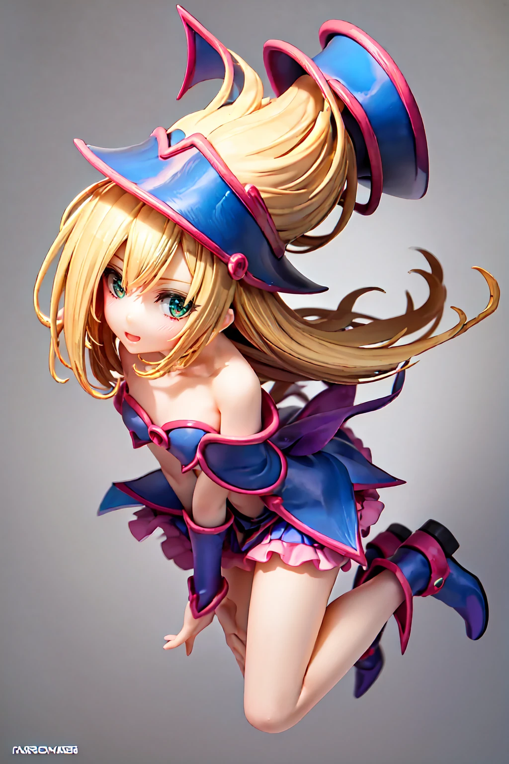 dark magician girl, Super detailed, Very detailed, masterpiece, 最high quality, 最high quality, Absurd, High resolution, Black Magician Girl, (One girl:1.2), alone, Detailed face, Dynamic pose, Hair flow, (whole body:1.1), Blonde, Long Hair, View your viewers, Green Eyes, Detailed skin, chest, Manicure, skirt, Blue footwear, Blue hat, Wizard's Hat, Cane, I have a hat, (Blue panties:0.9), masterpiece, Very detailed, A magnificent composition, high quality, 最high quality, 4K, (white background:1.5), pedestal , Figures