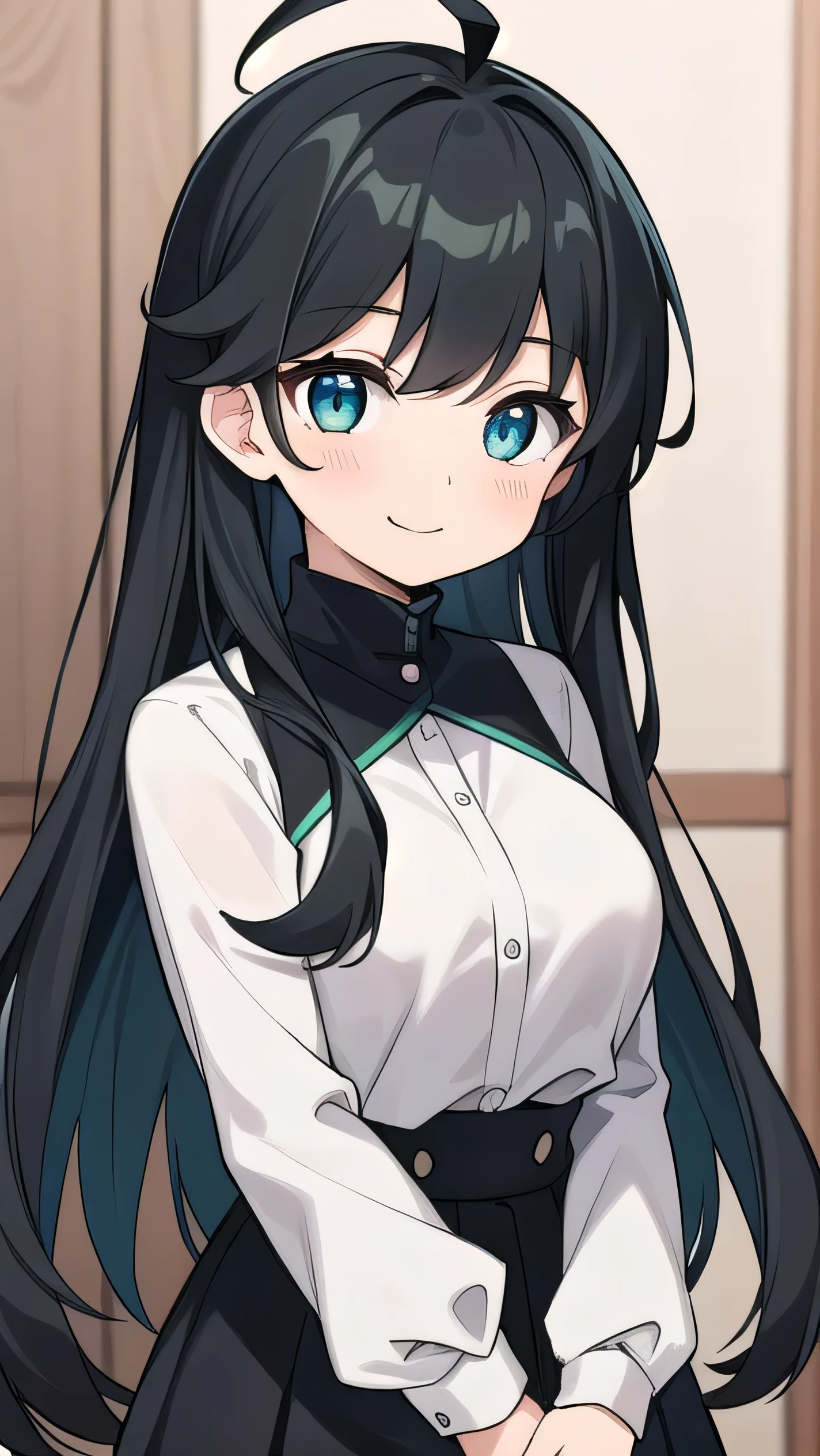  high schoolooks like an elementary school st short, 140 cm tall, black slight green tinge, short ahoge, beautiful long hair but with a little hair sticking out, beautiful round eyes, blue eyes, smile, boyish, big breasts,  long hair, childish face, gentle smile, a little shy, black hair with a slight green tinge, boyish, gentle smile,, ( Deep greenish black hair: 1.3)，，childish clothes