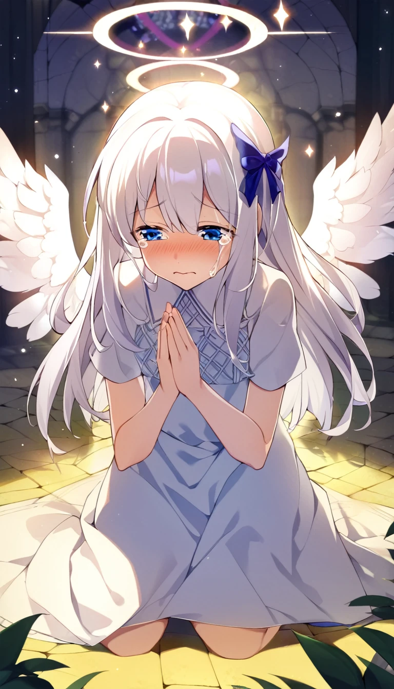 one girl, fallen angel, angel wing, angel ring, sacred, cute, naive, sobbing, , beautiful, light blue eyes, white dress, praying, white hair