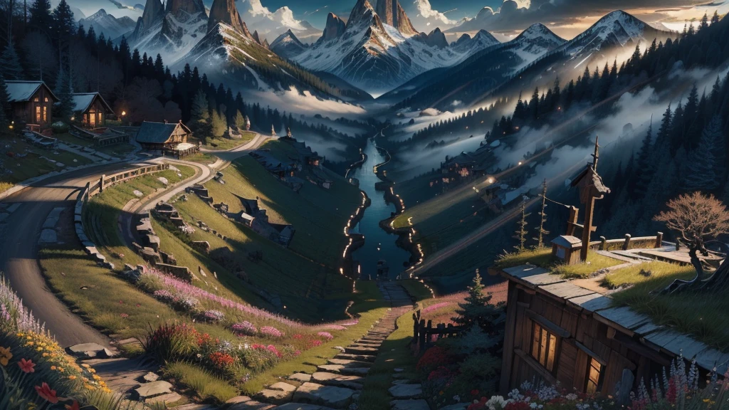 a breathtaking landscape painting, (masterpiece), (best quality), (high resolution), dutch angle, hyper detailed, solo, detailed_background, landscape, beautiful rolling hills, vibrant colors, dramatic lighting, epic scale, intricate details, awe-inspiring vista, serene and tranquil atmosphere, majestic mountains, lush forests, stunning sky, natural beauty