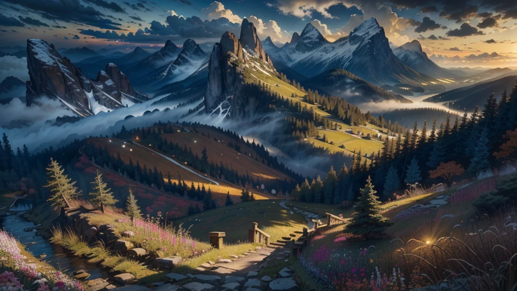 a breathtaking landscape painting, (masterpiece), (best quality), (high resolution), dutch angle, hyper detailed, solo, detailed_background, landscape, beautiful rolling hills, vibrant colors, dramatic lighting, epic scale, intricate details, awe-inspiring vista, serene and tranquil atmosphere, majestic mountains, lush forests, stunning sky, natural beauty