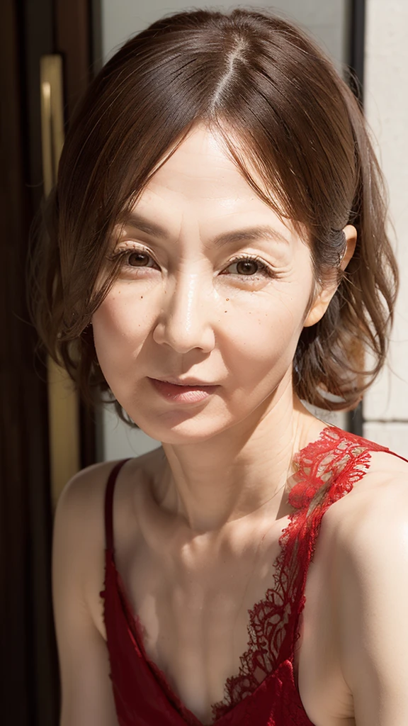 ((Highest quality)), ((8k)), ((masterpiece: 1.3)), (Perfect appearance), (Photorealism: 1.6), (JMA), (KE), 1人のJapanese Mature, (Japanese Matureのポートレート), (Blurred Background), (60 years old, Japanese Mature), ((Realistic skin texture)), (Fine wrinkles all over the skin), (Dullness), (Facial wrinkles), (Wrinkles around the eyes), double eyelid, Tear bags under the eyelids, (red lace slip), (View from below),