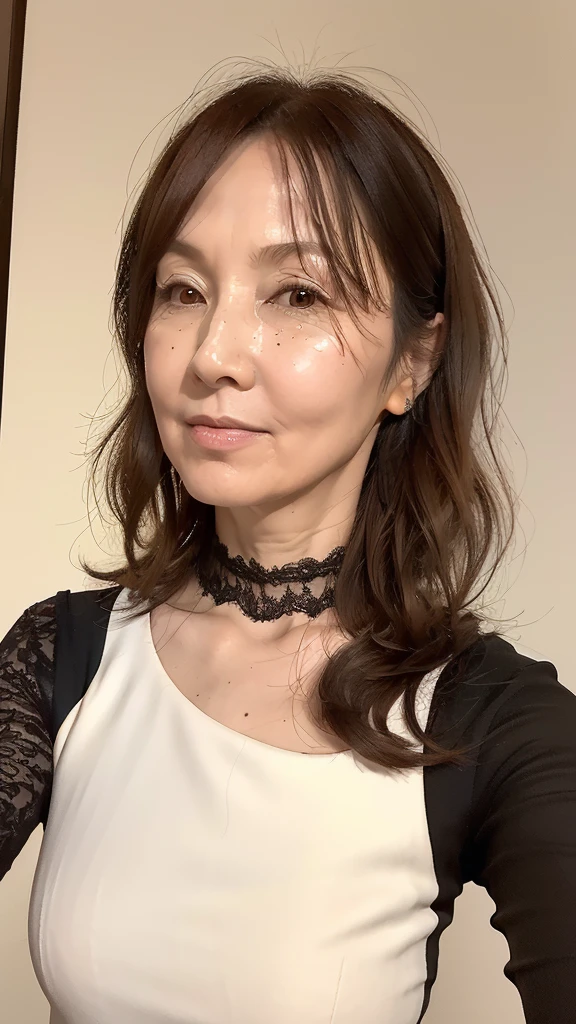 ((Highest quality)), ((8k)), ((masterpiece: 1.3)), (Perfect appearance), (Photorealism: 1.6), (JMA), (KE), 1人のJapanese Mature, (Japanese Matureのポートレート), (Blurred Background), (60 years old, Japanese Mature), ((Realistic skin texture)), (Fine wrinkles all over the skin), (Dullness), (Facial wrinkles), (Wrinkles around the eyes), double eyelid, Tear bags under the eyelids, (red lace slip), (View from below),